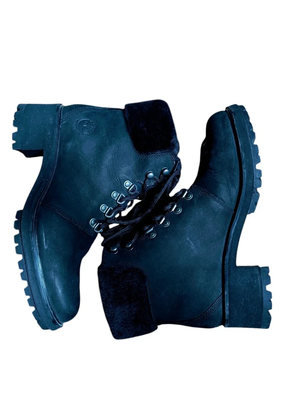 Timberland Kinsley Leather Black Lace-Up Ankle Boots With Faux Fur Collar